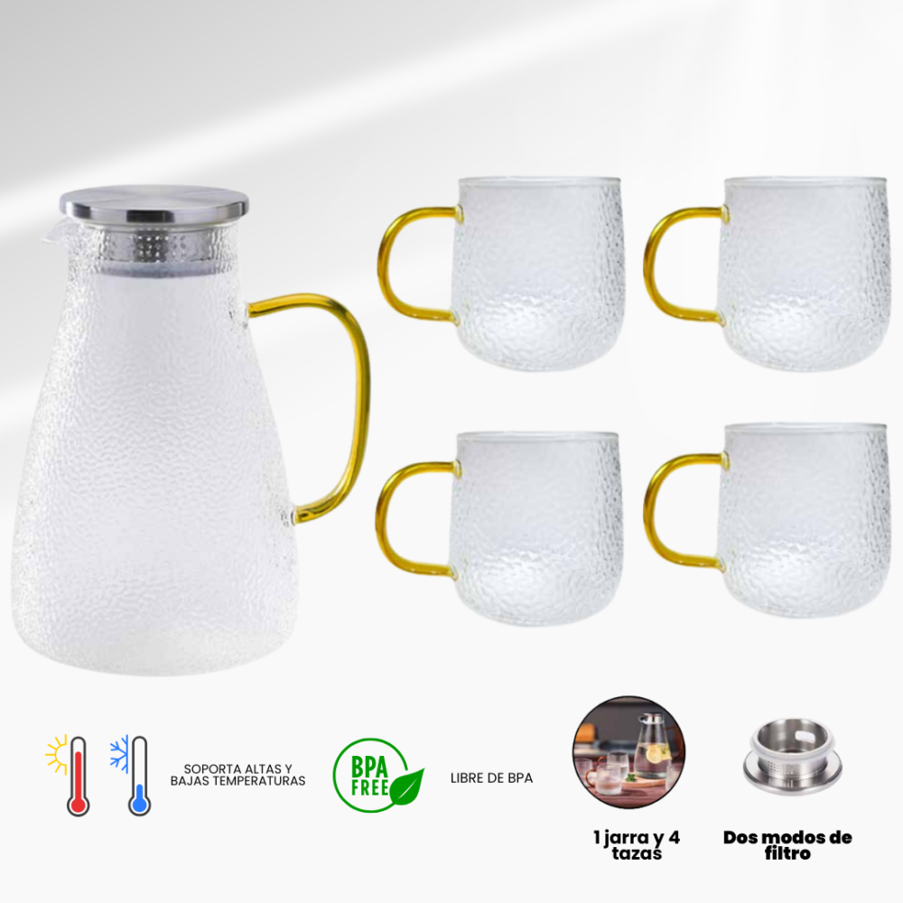 38 JARRA DE 1500+ 4 VASOS DE 300ML MATERIAL UNI BOROSILICATO CALIDAD GRADO AB