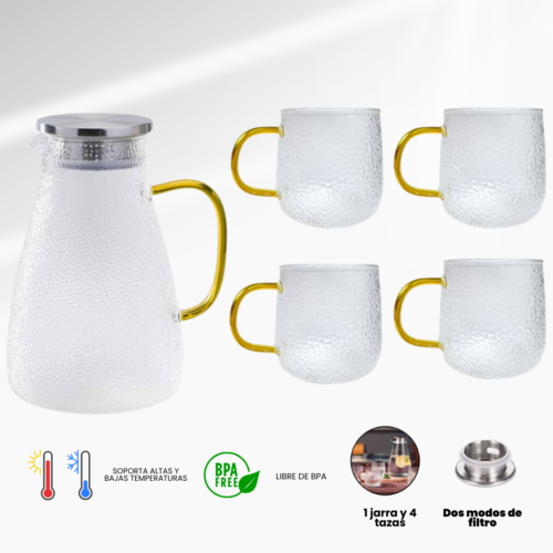 JARRA DE 1500+ 4 VASOS DE 300ML MATERIAL UNI  BOROSILICATO CALIDAD GRADO AB