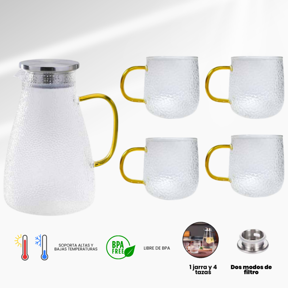 JARRA DE 1500+ 4 VASOS DE 300ML MATERIAL UNI BOROSILICATO CALIDAD GRADO AB