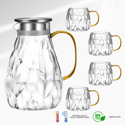 SET DE JARRA DE BOROSILICATO DE 1800ML + 4  TAZAS DE 400ML