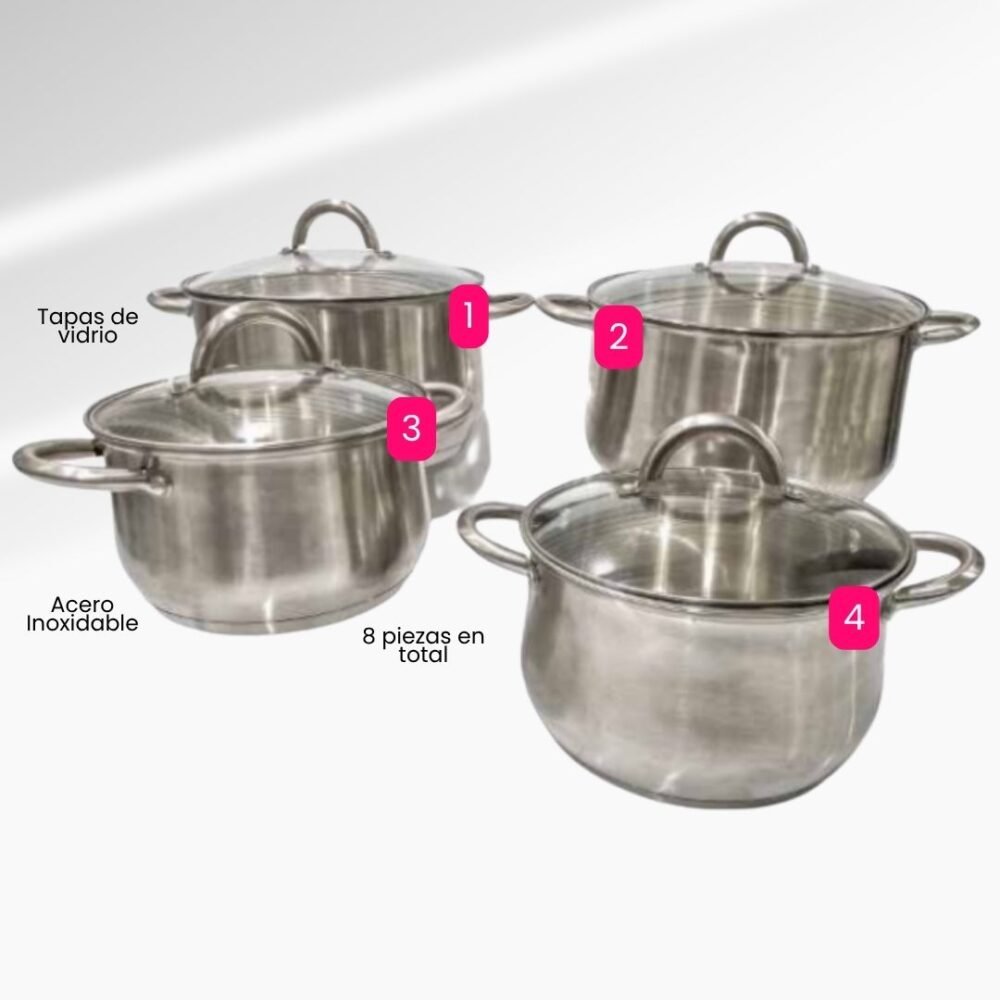 JUEGO DE OLLAS 8 PCS ACERO INOXIDABLE